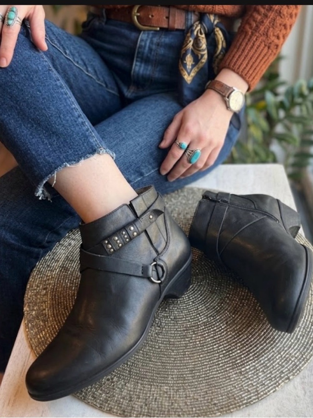 Abeo Black Leather Studded Ring Strap Ankle Booties